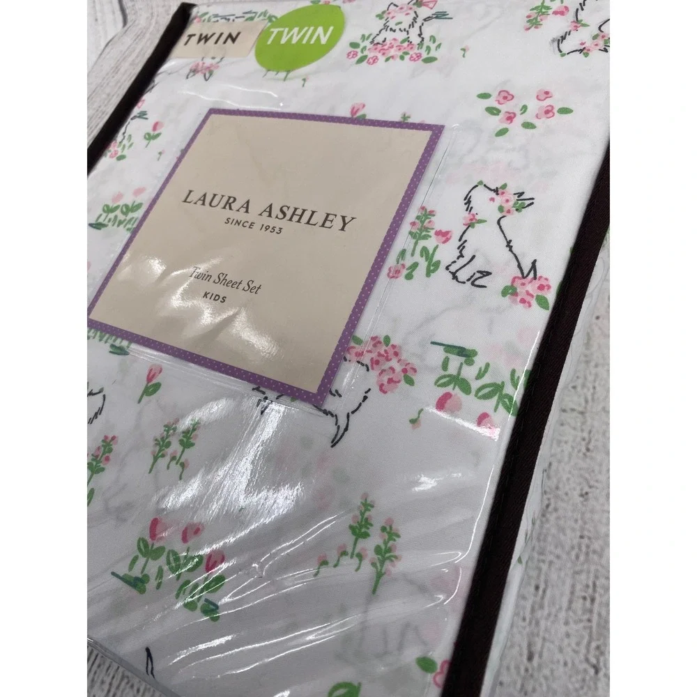Laura Ashley Sheet Set Kids TWIN White Westie Dog Pup Floral Pink 3pc Bedding